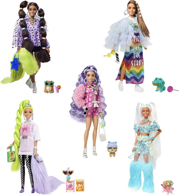 Set von 5 Barbie Extra-Puppen mit 70 Zubehör und 5 Tieren