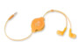 Écouteurs intra-auriculaires rétractables orange avec boîtier enrouleur central et fiche jack 3,5 mm